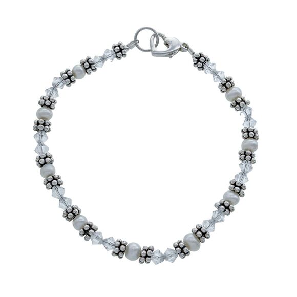 Vintage Sterling Silver 925 Crystal Pearl Beaded Bracelet 7.25" - Picture 1 of 5